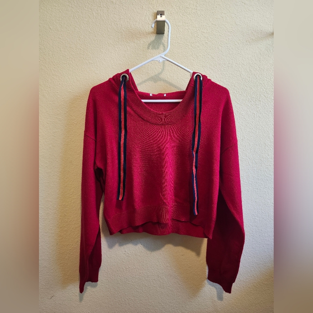 Red Women's Knit Hoodie Sweater with Drawstring